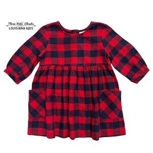 Hanna Andersson Sz 90 (3) Red & Navy Buffalo Plaid Flannel Pocket Dress